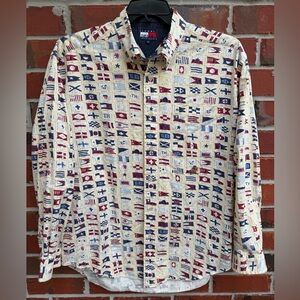 Vintage 90s Tommy Hilfiger Nautical Flags All Over Print Long Sleeve M Shirt T1
